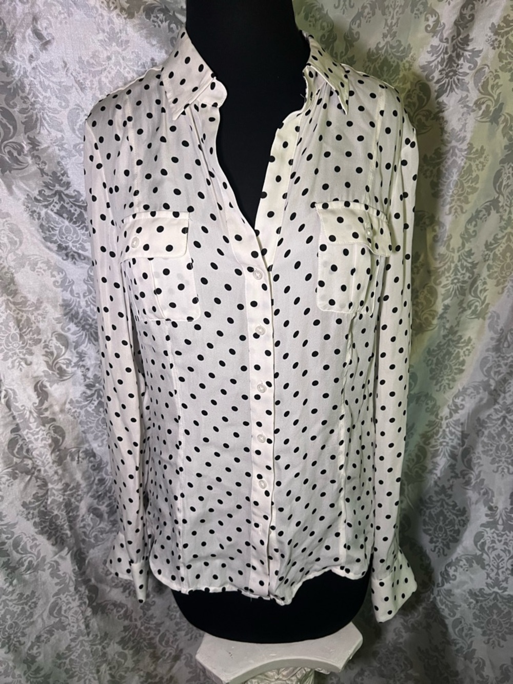 White House Black Market Silk White Blouse with Black Polka Dots